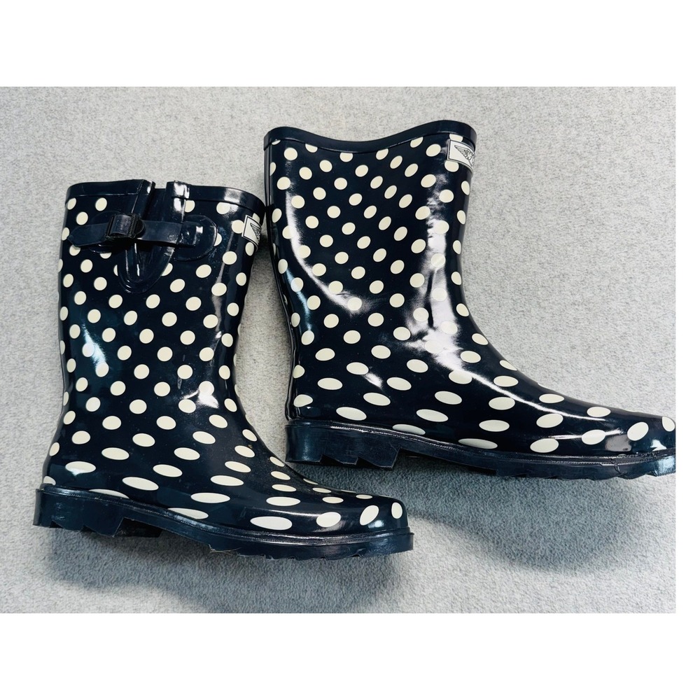 Forever Young Rain Boots Womens 10 Navy Blue White Polka Dot Mid Calf Rubber
